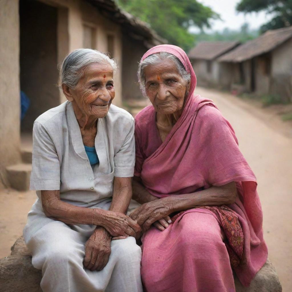 A quaint, small village with an unique story revolving around a beloved elderly woman referred to as 'Dadi'. The village scene is composed such that it exudes Dadi's essence of never asking for anything, only giving love and happiness.