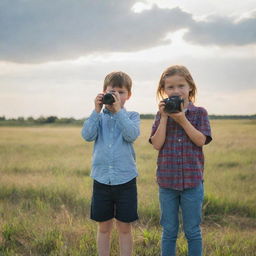 A young boy and girl, standing in a field with a bright sunlit sky behind them, are holding cameras and focusing on capturing the beauty of the natural landscape.