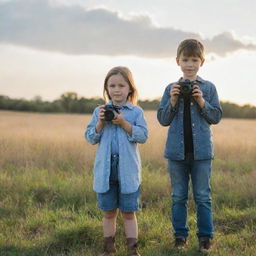 A young boy and girl, standing in a field with a bright sunlit sky behind them, are holding cameras and focusing on capturing the beauty of the natural landscape.