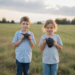 A young boy and girl, standing in a field with a bright sunlit sky behind them, are holding cameras and focusing on capturing the beauty of the natural landscape.