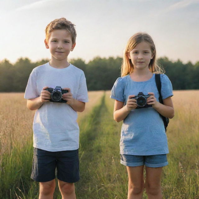 A young boy and girl, standing in a field with a bright sunlit sky behind them, are holding cameras and focusing on capturing the beauty of the natural landscape.