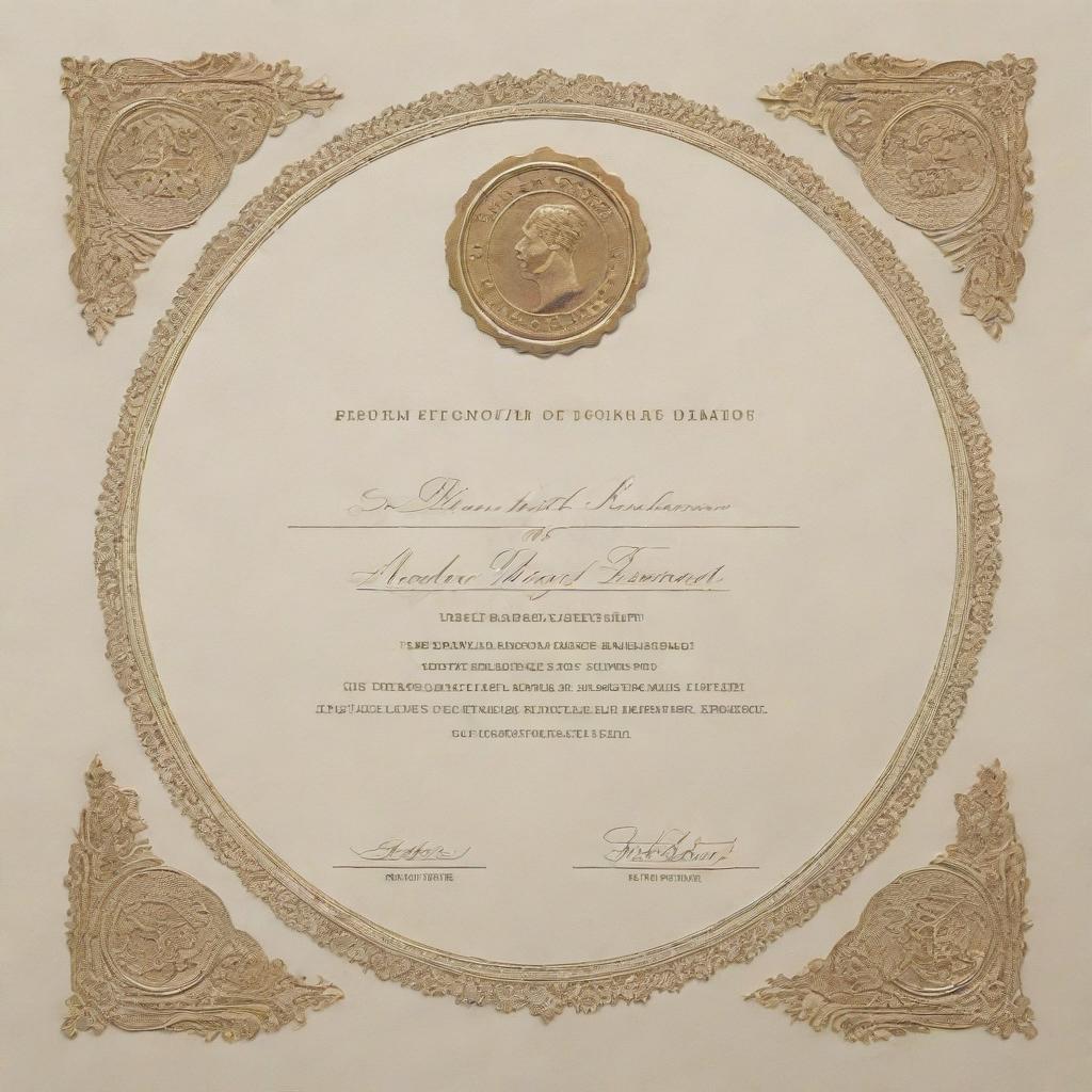 A beautifully designed certificate with intricate border details, embossed gold seal, and elegant, formal, typewriter-style font, on high-quality cream paper.