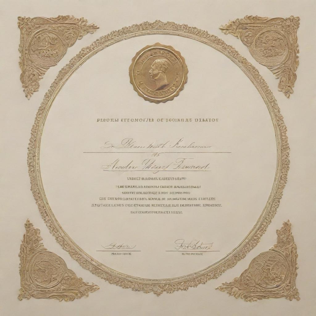 A beautifully designed certificate with intricate border details, embossed gold seal, and elegant, formal, typewriter-style font, on high-quality cream paper.