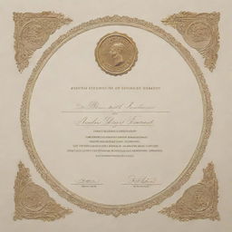 A beautifully designed certificate with intricate border details, embossed gold seal, and elegant, formal, typewriter-style font, on high-quality cream paper.