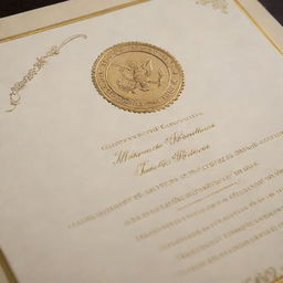 A beautifully designed certificate with intricate border details, embossed gold seal, and elegant, formal, typewriter-style font, on high-quality cream paper.