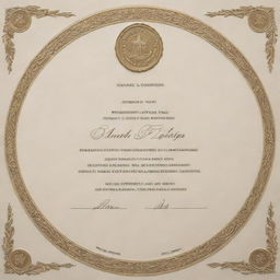 A beautifully designed certificate with intricate border details, embossed gold seal, and elegant, formal, typewriter-style font, on high-quality cream paper.