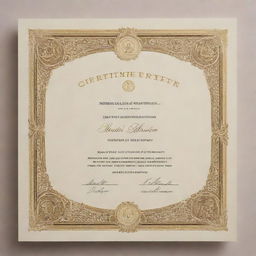 A beautifully designed certificate with intricate border details, embossed gold seal, and elegant, formal, typewriter-style font, on high-quality cream paper.