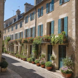 Quaint and charming traditional French houses on a sunlit cobblestone street, with bright shutters and blooming window boxes.