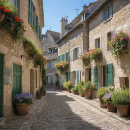 Quaint and charming traditional French houses on a sunlit cobblestone street, with bright shutters and blooming window boxes.