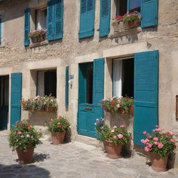 Quaint and charming traditional French houses on a sunlit cobblestone street, with bright shutters and blooming window boxes.