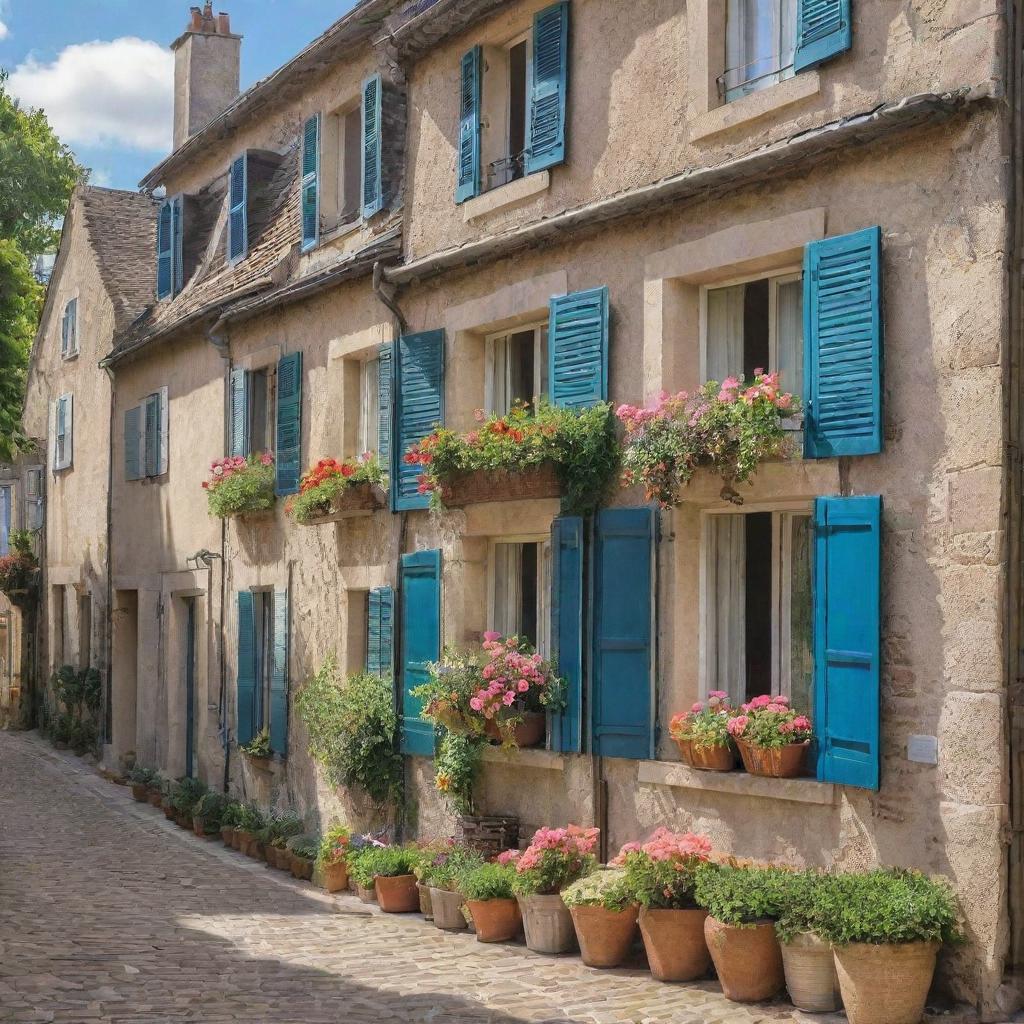 Quaint and charming traditional French houses on a sunlit cobblestone street, with bright shutters and blooming window boxes.