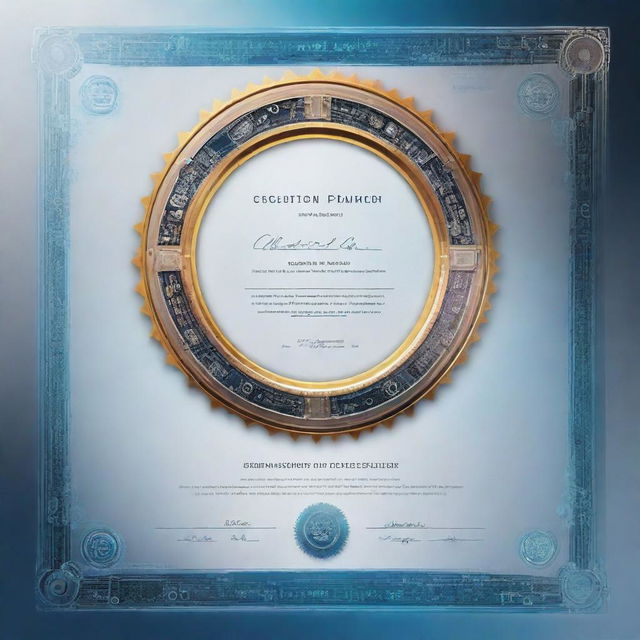 A distinctive technology-themed certificate, boasting a dynamic border incorporating elements of circuits and gears. The certificate features creative, futuristic fonts, a holographic seal, and a background subtly imprinted with tech icons.