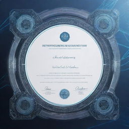 A distinctive technology-themed certificate, boasting a dynamic border incorporating elements of circuits and gears. The certificate features creative, futuristic fonts, a holographic seal, and a background subtly imprinted with tech icons.