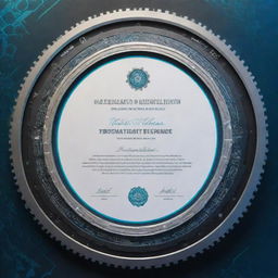 A distinctive technology-themed certificate, boasting a dynamic border incorporating elements of circuits and gears. The certificate features creative, futuristic fonts, a holographic seal, and a background subtly imprinted with tech icons.