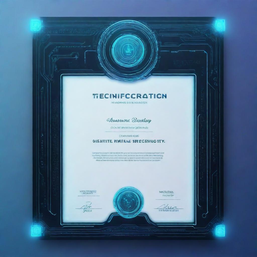 A horizontal A4-sized technology certificate, creatively blending elements of circuits and digital icons into the frame. Features futuristic fonts, holographic seal, and a subtle binary code inspired background.