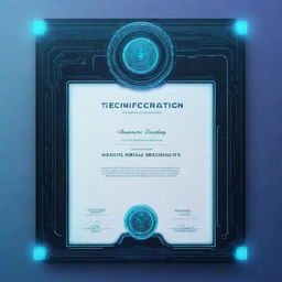 A horizontal A4-sized technology certificate, creatively blending elements of circuits and digital icons into the frame. Features futuristic fonts, holographic seal, and a subtle binary code inspired background.