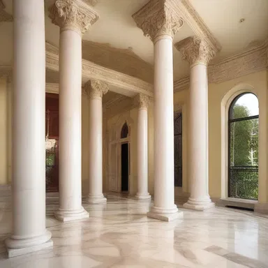 The creamy-colored marble pillars added an elegant touch to the grand entrance of the mansion.