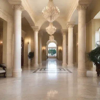 The creamy-colored marble pillars added an elegant touch to the grand entrance of the mansion.