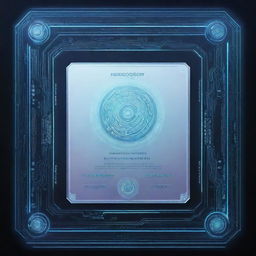 A horizontal A4-sized technology certificate, creatively blending elements of circuits and digital icons into the frame. Features futuristic fonts, holographic seal, and a subtle binary code inspired background.