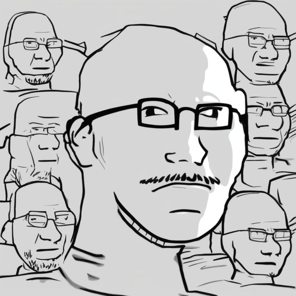 A high-quality digital art image in the Wojak meme style, featuring a character representing Steve Jobs