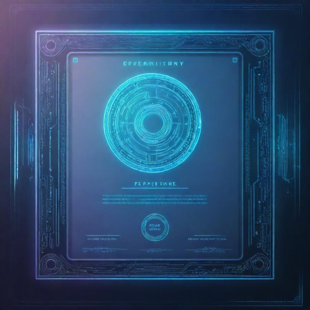 A horizontal A4-sized technology certificate, creatively blending elements of circuits and digital icons into the frame. Features futuristic fonts, holographic seal, and a subtle binary code inspired background.