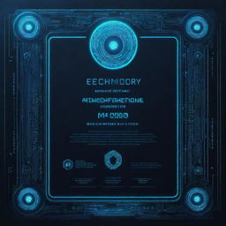 A horizontal A4-sized technology certificate, creatively blending elements of circuits and digital icons into the frame. Features futuristic fonts, holographic seal, and a subtle binary code inspired background.