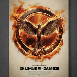 Design a visually compelling Hunger Games-inspired poster that emphasizes the themes of resilience, strategy, and rebellion. Incorporate fiery elements, symbolic images, and powerful text to capture the essence of the story.