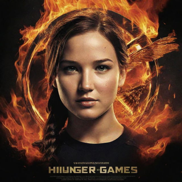 Design a visually compelling Hunger Games-inspired poster that emphasizes the themes of resilience, strategy, and rebellion. Incorporate fiery elements, symbolic images, and powerful text to capture the essence of the story.