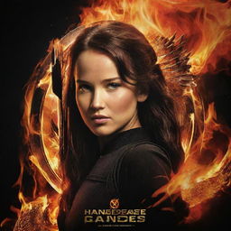 Design a visually compelling Hunger Games-inspired poster that emphasizes the themes of resilience, strategy, and rebellion. Incorporate fiery elements, symbolic images, and powerful text to capture the essence of the story.