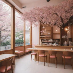 A brightly lit, intricately designed cafe named 'Gupitan Jaya', flawlessly infused with a serene Japanese ambiance, adorned with Japan-inspired decor, blooming cherry blossom trees, and delicate origami creations.