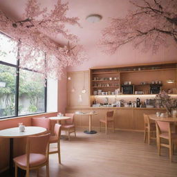 A brightly lit, intricately designed cafe named 'Gupitan Jaya', flawlessly infused with a serene Japanese ambiance, adorned with Japan-inspired decor, blooming cherry blossom trees, and delicate origami creations.