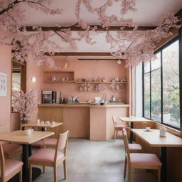 A brightly lit, intricately designed cafe named 'Gupitan Jaya', flawlessly infused with a serene Japanese ambiance, adorned with Japan-inspired decor, blooming cherry blossom trees, and delicate origami creations.