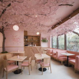 A brightly lit, intricately designed cafe named 'Gupitan Jaya', flawlessly infused with a serene Japanese ambiance, adorned with Japan-inspired decor, blooming cherry blossom trees, and delicate origami creations.