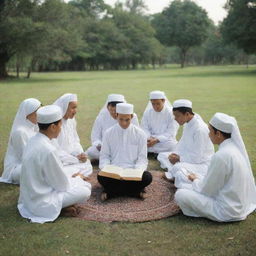 A group of santri, Indonesian religious students, sitting in a circle and reading the Quran together in a peaceful, serene setting.