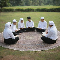 A group of santri, Indonesian religious students, sitting in a circle and reading the Quran together in a peaceful, serene setting.