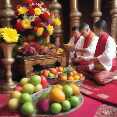 During the religious ceremony, the followers bring offerings of fruits and flowers to the altar as a sign of devotion and gratitude.
