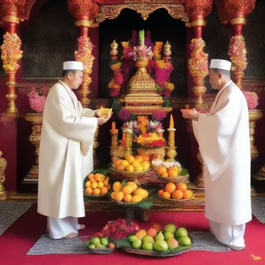 During the religious ceremony, the followers bring offerings of fruits and flowers to the altar as a sign of devotion and gratitude.