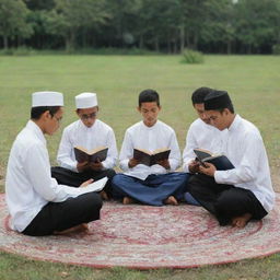 A group of santri, Indonesian religious students, sitting in a circle and reading the Quran together in a peaceful, serene setting.