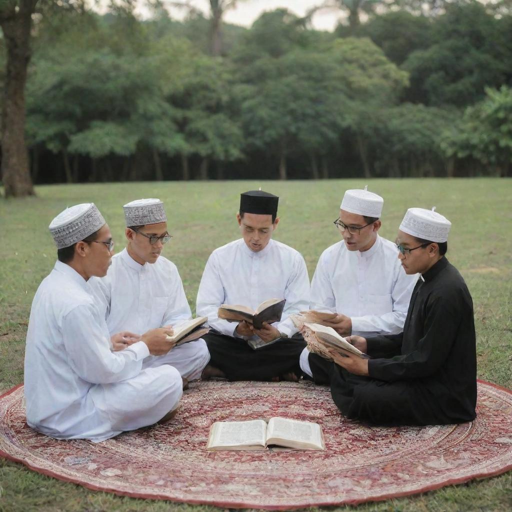 A group of santri, Indonesian religious students, sitting in a circle and reading the Quran together in a peaceful, serene setting.