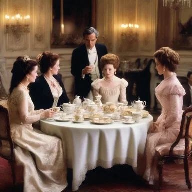 In the film, the characters gathered around the elegant tea table to discuss their plans.