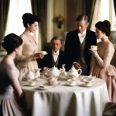 In the film, the characters gathered around the elegant tea table to discuss their plans.