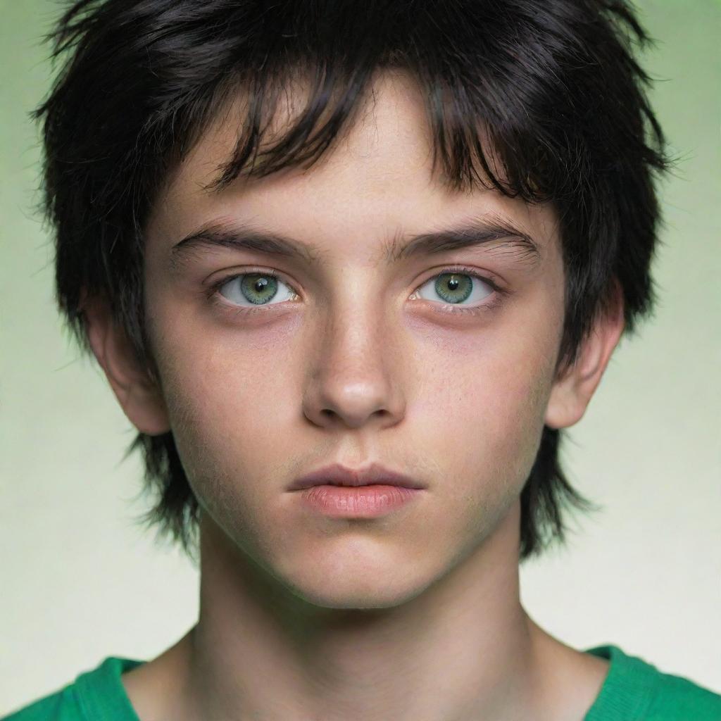 A 17-year-old boy with shiny black hair and intense green eyes, displayed in a striking, neutral background