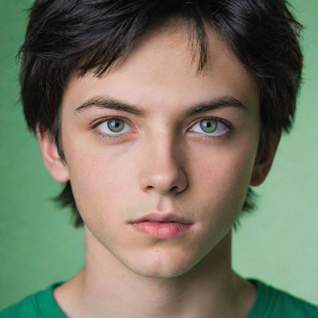 A 17-year-old boy with shiny black hair and intense green eyes, displayed in a striking, neutral background