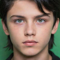 A 17-year-old boy with shiny black hair and intense green eyes, displayed in a striking, neutral background