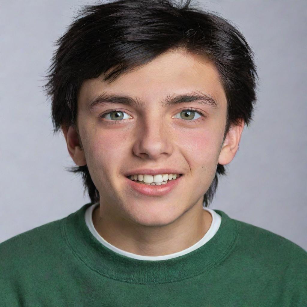 A 17-year-old boy with black hair and green eyes, showcasing a range of emotions in a variety of casual settings.