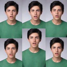 A 17-year-old boy with black hair and green eyes, showcasing a range of emotions in a variety of casual settings.