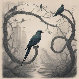 An evocative illustration inspired by 'The Ballad of Songbirds and Snakes', featuring key elements like songbirds, snakes, motifs from the book, and a rich dystopian atmosphere.