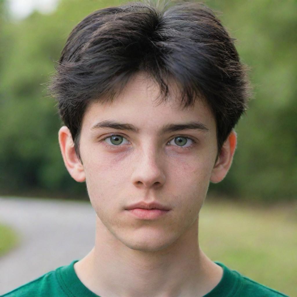 A portrait of a 17-year-old boy with black hair and striking green eyes.