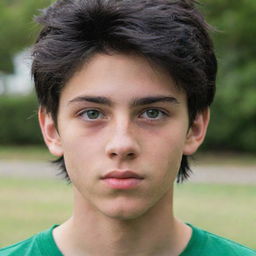 A portrait of a 17-year-old boy with black hair and striking green eyes.