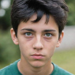 A portrait of a 17-year-old boy with black hair and striking green eyes.